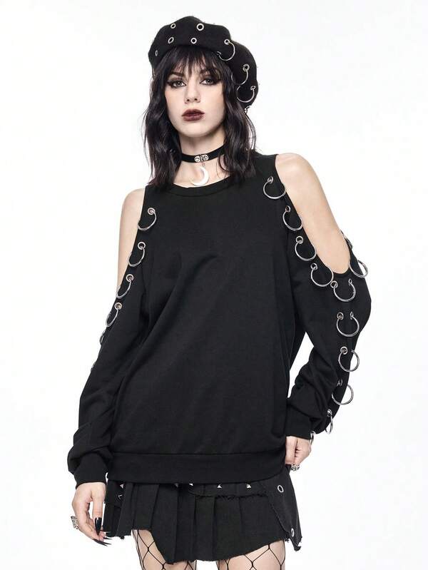 ROMWE Goth Sudadera de mujer con decoración de ojetes metálicos y hombros recortados de estilo gótico