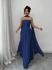 Elenzga 1pc Women Solid Color Halter Dress With Pleated Detail, Elegant Sleeveless Long Dress Maxi Women Outfit - Navy Blue - View 5