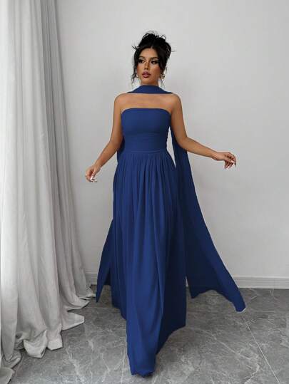 Elenzga 1 chiếc váy yếm màu trơn dành cho nữ có chi tiết xếp ly, váy dài không tay thanh lịch, trang phục maxi dành cho nữ