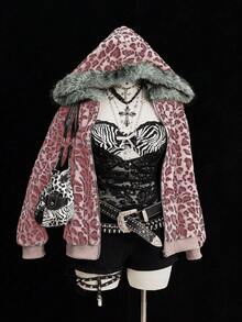Sweetra Leopard Faux Fur Minimalist Hat & Short Vintage Casual Jacket - Pink - View 6