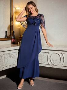 Amorya Women's Navy Blue Sequin Lace Capelet Long Maxi Dress | Elegant Valentine's Day Wedding Guest Party Going Out Summer Dress Wedding Guest Dress Women Navy Blue Elegant Dress Mother Of Bride Dress Gala Dress Elegant Curve Formal Evening Gown Mother Of Groom Dress  Spring/Summer Modest Dress Abaya Dress Beach Wedding