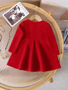 SHEIN Đầm dài tay đính nút màu xanh navy tối giản dễ thương cho bé gái, mùa thu/đông - Đỏ - Xem 2