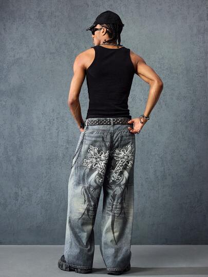 Goth Jeans décontractés amples à jambes larges avec motif croix pour hommes