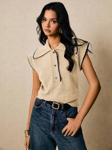 Poéselle 女士休闲花卉饰边 Polo 领针织背心，秋冬季 - 杏色 - 查看 3