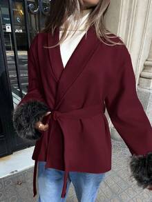 Aloruh Women's Elegant Wine Red Woolen Coat With Raglan Long Sleeves And Furry Cuffs, Autumn/Winter - Burgundy - View 5