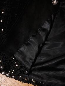 Zanirela Elegant Sequin Embellished Wide Blazer Jacket With A-Line Mesh Hem Skirt, Sophisticated Black 70's Summer Night Out Party Dress Suit - Black - View 8