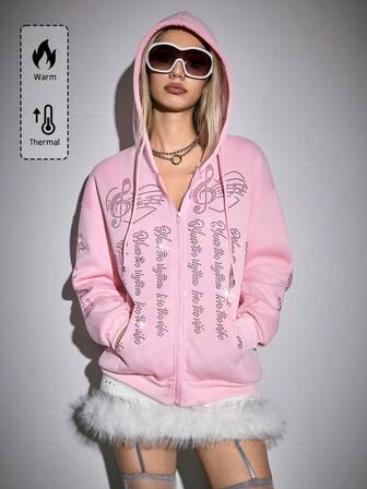 ROMWE Avant Sweat-shirt à capuche à manches longues avec cordon de serrage, avec motif de notes de musique en strass pour femmes