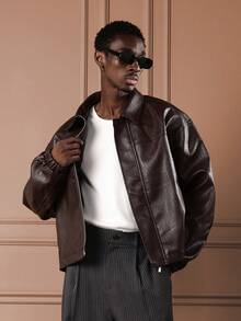 SUMWON Boxy Fit Men's Oversized Leather Bomber Jacket With Ribbed Collar And Full Zip Closure For Fall Winter - Brown - View 2