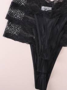 3pcs/Pack Fashionable Sexy Lace Patchwork Rhinestone Thong Panties - Black - View 3
