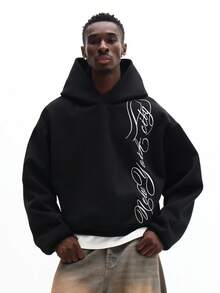 SUMWON 常规款男士连帽衫，带抽绳帽和中央口袋，休闲街头风套头卫衣 - 黑色 - 查看 2