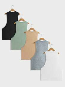 EASEVO 5pcs/Pack Plus Size Men's Casual Loose Knit Tank Top, Suitable For Summer - White - View 2