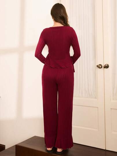 Moireta Elegante Mature Asymmetric Ruffle Patchwork Thickened Brushed Ribbed Button Neck Long Flare Sleeve Com Tafel Bordeaux Pajama Set view 2