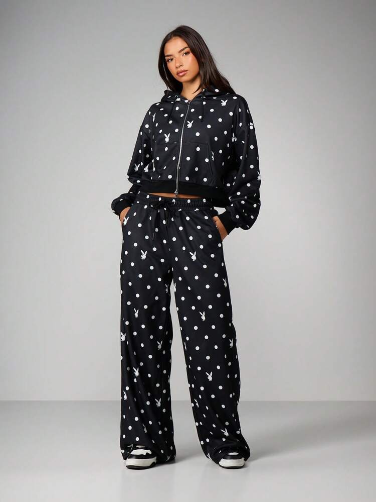 Missguided x Playboy Polka Dot Bunny Print Two Piece Hoodie Jogger Set With Zip Front And Drawstring