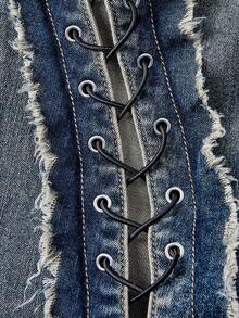 ROMWE Grunge Punk Y2K Baddie Hollow Eyelet Lace-Up Decor Plus Size Skinny Flare Jeans - Blue - View 4