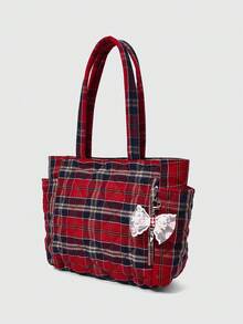 ROMWE Grunge Punk 女士时尚格子大容量休闲单肩包，适合日常通勤 - 紅色 - 查看 4