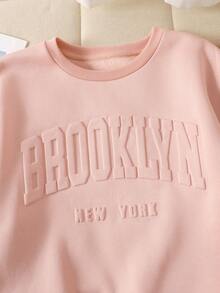 SHEIN Teen Girl Sweatshirt Co-Ord , Loose Casual Letter Embossed Patched Detail Letter Graphic Round Neck Pullover Sweatshirt And Sweatpants Sports 2pcs/Set Outfit - Pink - View 6
