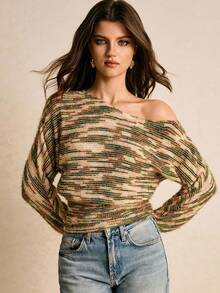Poéselle Camisetas femininas, tecido felpudo degradê, camisetas de manga comprida, camisetas casuais, blusas femininas, camisetas com ombros assimétricos, blusa feminina com estampa total e manga morcego, blusa feminina da moda para o outono, blusa feminina de inverno, blusa ombro a ombro, roupas femininas para o outono e inverno, estilo clássico. - Multicolorido - Ver 1
