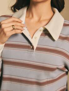Poéselle Women's Oversized Striped Rugby Polo Shirt – Long-Sleeve Collared Preppy Tee In Soft Knit Oversized Rugby Shirt Women Striped Polo Shirt Preppy Aesthetic Vintage Rugby Top Old Money Style Collegiate Fashion Fall Casual Layering Long Sleeve Polo Women Women's Casual Striped Dropped Shoulder Loose T-Shirt, Autumn Winter For Women