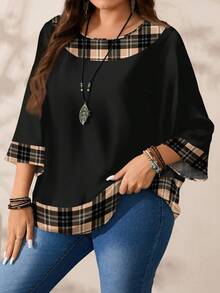 EMERY ROSE Plus Size Women's Casual Romantic Plaid Pattern Colorblock Print Round Neck Loose 3/4 Sleeve Shirt, Black - Multicolor - View 6