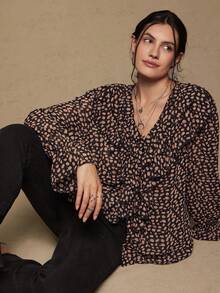 Freevana Plus Size Elegant Vintage Polka Dot Black Ruffle Collar Long Sleeve Blouse - Black - View 3