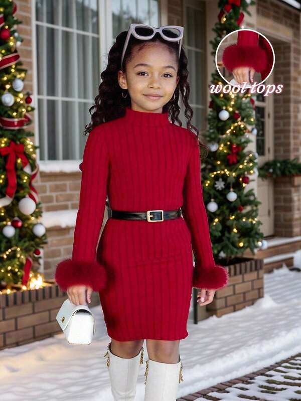 Tween Girls' Solid Color Dress, Autumn/Winter, Fashion Design With Faux Fur Cuffs, Long Sleeve Ribbed Knit Dress, Suitable For Tween Girls Elegant & Gentle, Suitable For Daily Wear, Events, Vacation, Photography, Holidays, Christmas, Parties Fall Christmas Costumes Girl Long Sleeve Dress Red Dress