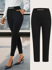 Ellevyn Pantalon pour femmes grande taille, élégant, noir, polyvalent, avec poches, décoration de chaîne métallique à la taille. Convient pour le travail, les femmes d'affaires professionnelles, le bureau. Pantalon à taille haute élégant pour femmes, pantalon noir pour femmes avec courbes et petite taille, pantalon avec strass - Noir - Voir 9