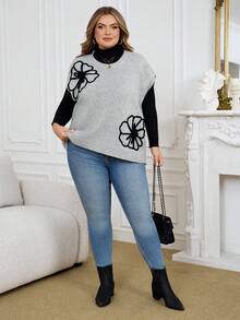 SHEIN CURVE+ Damen Oversize Pullover mit Fledermausärmeln und Blumenmuster, Herbst/Winter Strickpullover