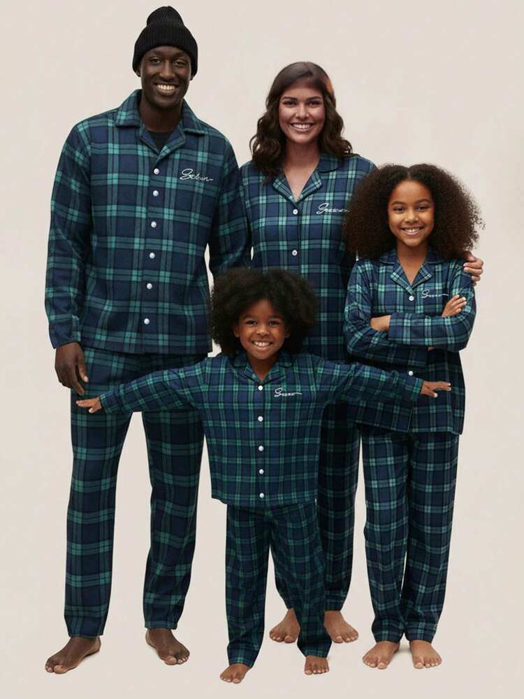 Plaid Button Front Pajama Set With Long Sleeves