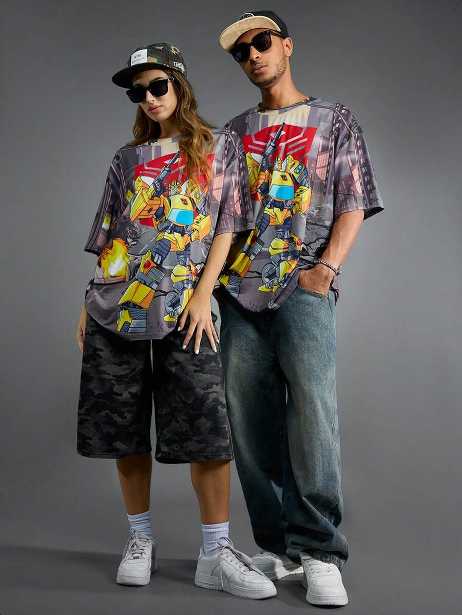 Transformers X SHEIN قميص تي شيرت رجالي كاجوال بطبعة روبوت بياقة مستديرة وأكمام قصيرة، صيفي - رمادي - مشاهدة 1