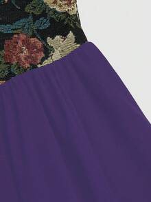 Sweetra 印花拼接抹胸系带喇叭袖大码连衣裙 - 淡紫色 - 查看 7