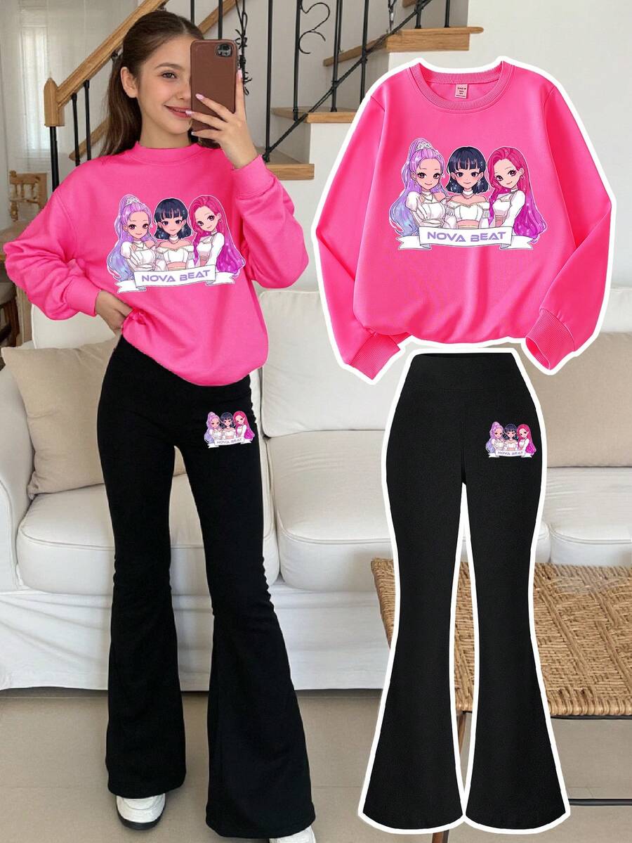 SHEIN 两件套女童休闲韩流卡通人物印花连帽衫和黑色打底裤套装,韩流粉丝必备,日常穿着也十分合适,适合秋冬季节。 - 彩色 - 查看 1