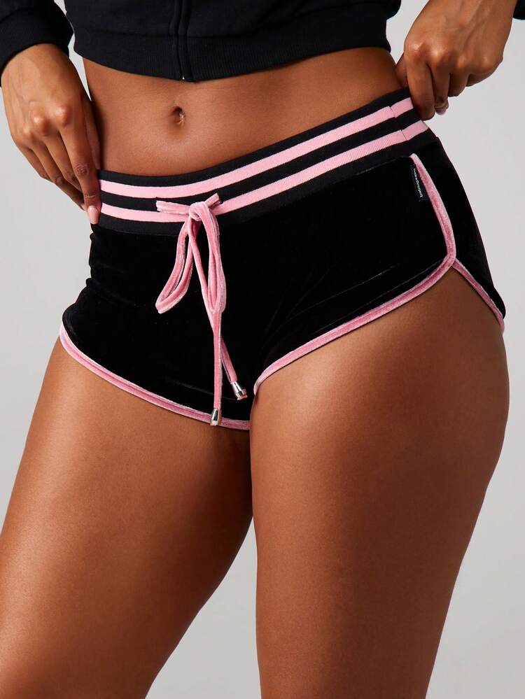 Missguided x Playboy Velour Mini Booty Shorts With Pink Rhinestone Logo And Contrast Trim Details