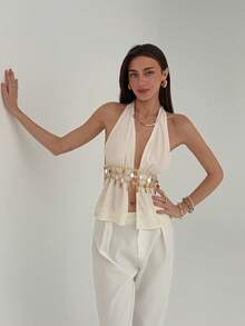 Aloruh 浪漫约会性感波西米亚风露背水钻装饰杏色女士吊带背心 - 杏色 - 查看 7