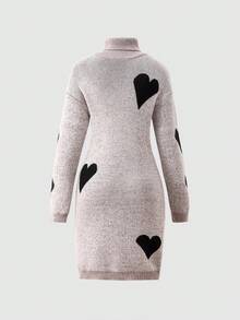 Sparklyn Teen GirlNew Autumn/Winter Slim Fit, Sweet Korean Style, Stylish Heart Design High Neck Knit Dress, Suitable For Home, Outing, Party, Back To School Heart Pattern Dress Sweater Dress Long Sleeve Dresses Turtleneck Dress Winter Dresses For Teens Teens Jumpers Dress - Grey - View 2