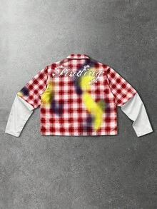 ROMWE MEN Street Life 男士秋季时尚格子拼接水钻装饰衬衫，长袖上衣 - 彩色 - 查看 3