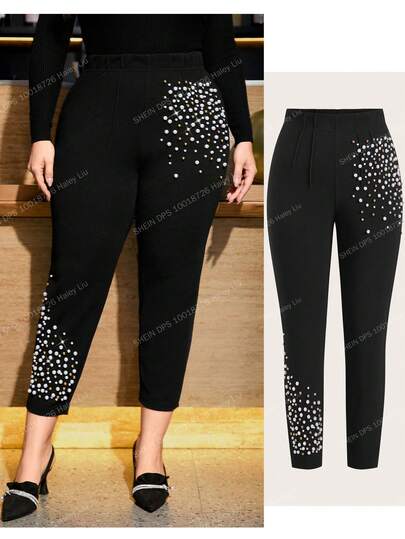 Gownix 大码女式高腰弹力黑色电脑风串珠简约修身优雅长裤，适合女性秋季、新年、感恩节等场合的办公室穿着，也适合派对、聚会等场合。黑色长裤，温暖舒适的秋冬季女装，2025秋冬女装，秋冬女装，万圣节，万圣节服装，新年圣诞节长裤