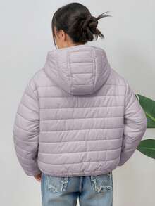 SHEIN 少女基础款灰色面料保暖绗缝短款连帽外套，冬季