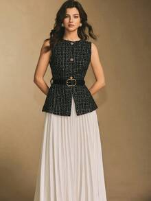 Poéselle Women's Plaid Pattern Sleeveless Button-Up Buckle Belted Vest And Pleated Skirt Suit Set, Office/Commute, Elegant Women's Set,Black Tweed Fabric With Gold Thread Accents, Super-Value Three-Piece Outfit,Luxurious And Elegant,Christmas Party,Luxury Evening Dresses,New Year Outfit ,Suitable For Daily Wear, Party,Going Out, Commuting,Fall/Winter