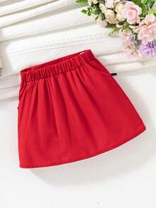 SHEIN Young Girls' Valentine's Day Party Elegant Office Lady Layered Bowknot Red Skirt,Holiday,Summer,Travel - Red - View 2