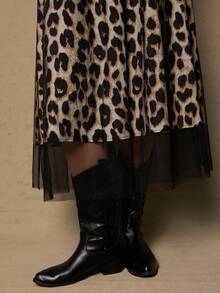 SHEIN VCAY Plus Size Leopard Print Wrap Around Long Sleeve Cinched Waist Dress, Elegant - Black - View 4