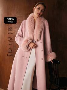 MOTF PREMIUM 羊毛领收腰修身中长款系带大衣，秋冬 - 淺粉色 - 查看 2