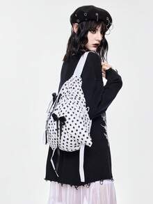 ROMWE Anime Y2K Cute & Sexy Bow Drawstring Backpack, Minimalist Silver Tech-Inspired Cinch Pouch, Waterproof Lightweight Large Capacity Foldable Storage Bag, Gym Bag, Suitable For Casual, Travel, Commute And Daily Use - 白黑色 - 查看 6