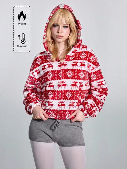 ROMWE Avant Christmas Reversible Fleece Snowflake & Deer Graphic Hoodie