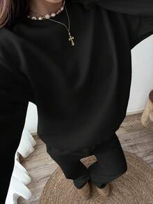 SHEIN Unity Casual Solid Color Fleece Round Neck Sweatshirt And Sweatpants Set, Suitable For Autumn And Winter - Black - View 7