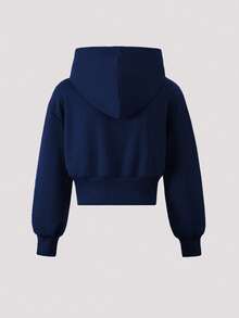 Setelan 2 Potong untuk Anak Perempuan: Sweater Hoodie dan Celana Panjang Rajut Kasual Warna Polos dengan Cetakan Huruf Grafis di Bagian Depan dan Bahu Longgar - Royal Blue - View 6