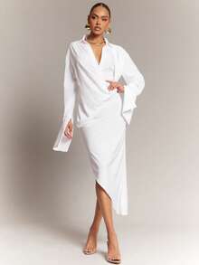 Hauture 女士办公室休闲优雅低领侧开衩超长袖衬衫裙 - 白色 - 查看 2