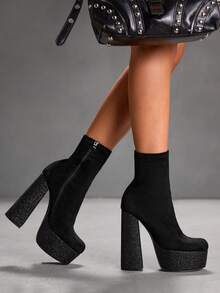 CUCCOO SZL 女士黑色绒面厚底防水弹力简约正式侧拉链踝靴，适合圣诞节穿着 - 黑色 - 查看 3