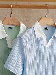 EASEVO Plus Size Men's Summer Casual Contrast Collar T-Shirt Set - Multicolor - View 3