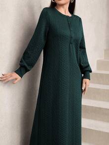 女士休闲纹理面料圆领宽松长款卫衣，绿色，秋冬 - 墨綠色 - 查看 3