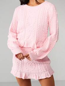 MISSGUIDED 情人节冬季舒适针织套装：心形针织长袖套头衫和荷叶边迷你裙 - 粉色 - 查看 4